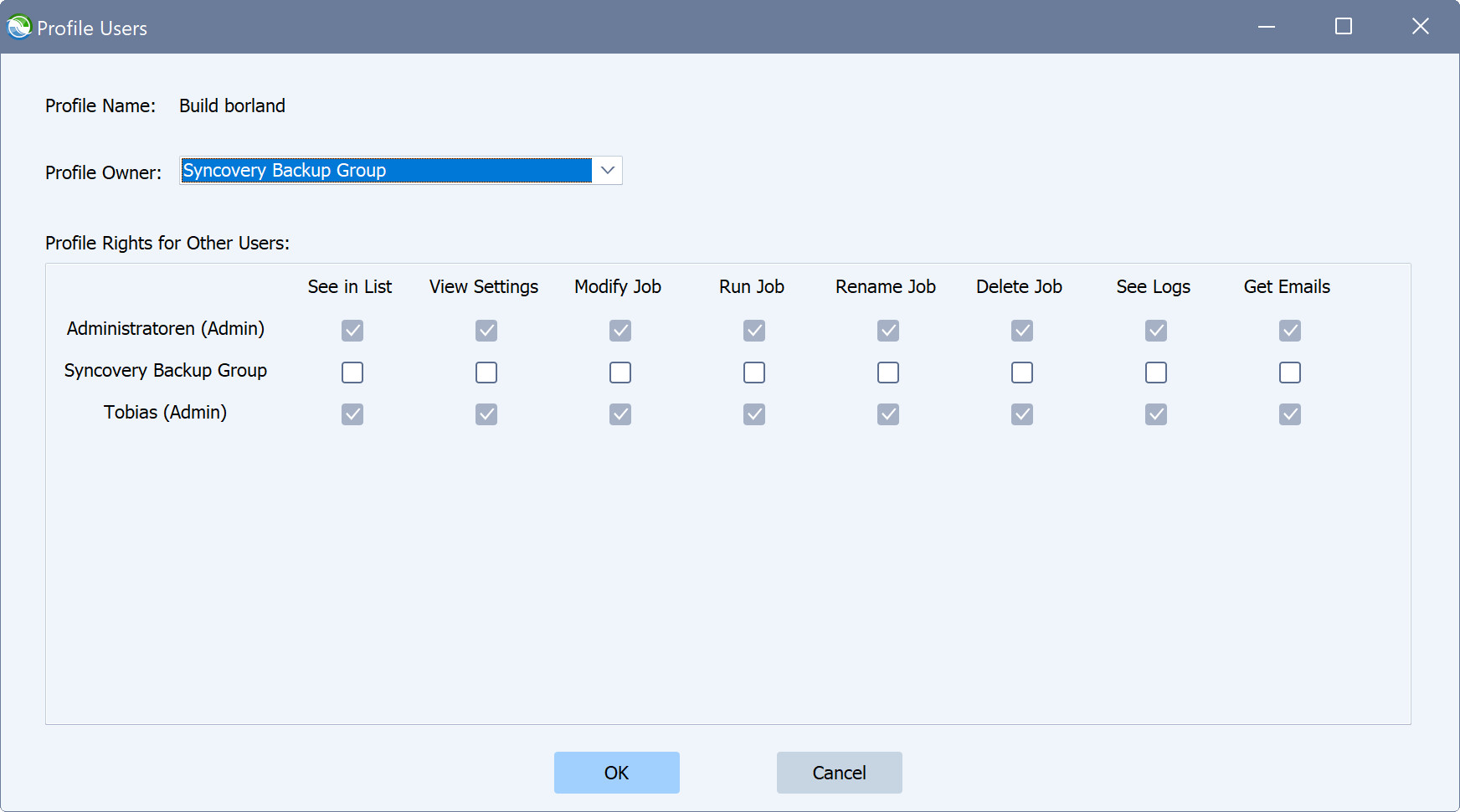 A screenshot showing Syncovery's user dialog where a profile's owner can be chosen.