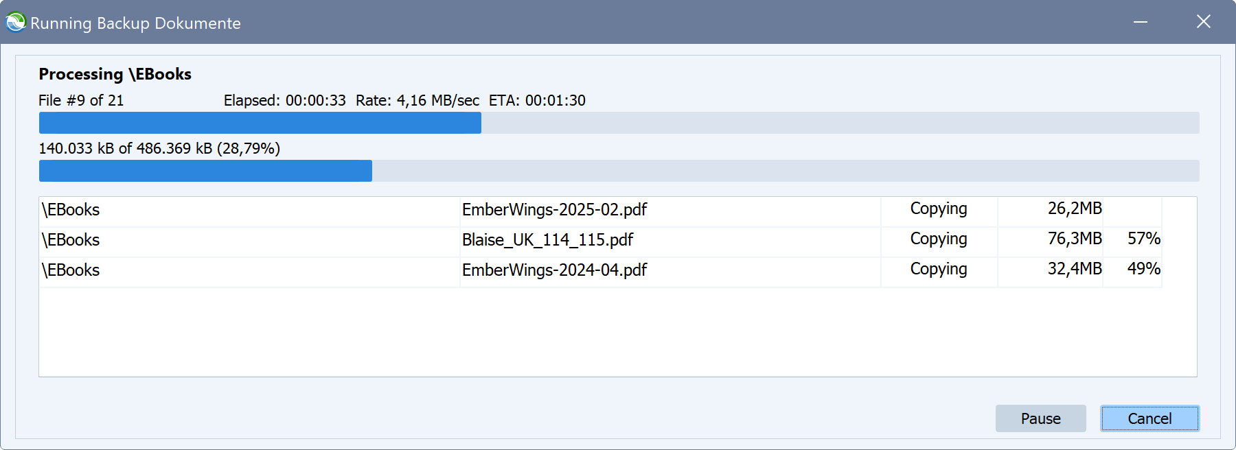 백업 소프트웨어 Syncovery가 동기화 진행 대화상자를 표시하고 있습니다.